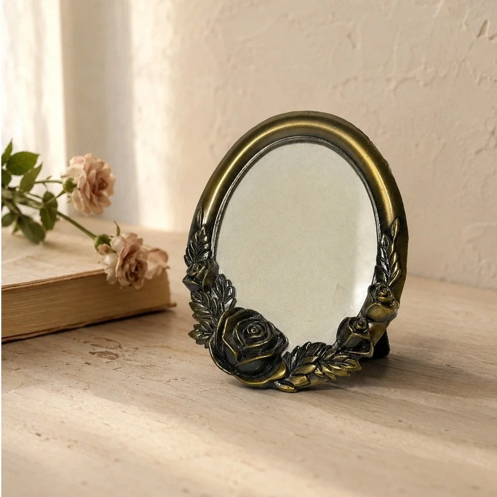 Vintage Rose Floral Oval Mini Tabletop Picture Frame Bronze Gold Tone 2x3